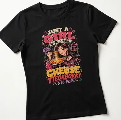 Kawaii anime girl enjoying cheese tteokbokki with K-Pop text — printed on a women's shirt