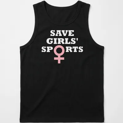 Bold typography t-shirt with the message Save Girls' Sports Biological Females in pink and white — printed on a tank top
