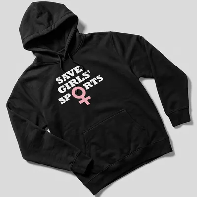 Bold typography t-shirt with the message Save Girls' Sports Biological Females in pink and white — printed on a unisex hoodie