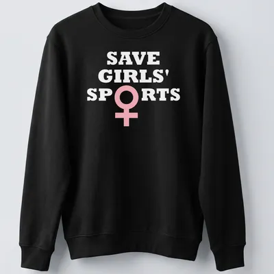 Bold typography t-shirt with the message Save Girls' Sports Biological Females in pink and white — printed on a unisex sweatshirt