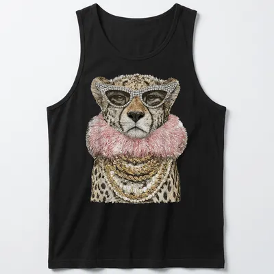 Realistic cheetah wearing sunglasses in gold, pink, and black tones — printed on a tank top