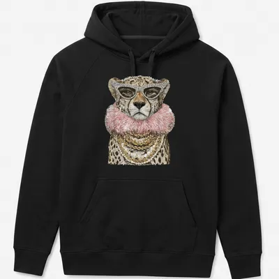 Realistic cheetah wearing sunglasses in gold, pink, and black tones — printed on a unisex hoodie