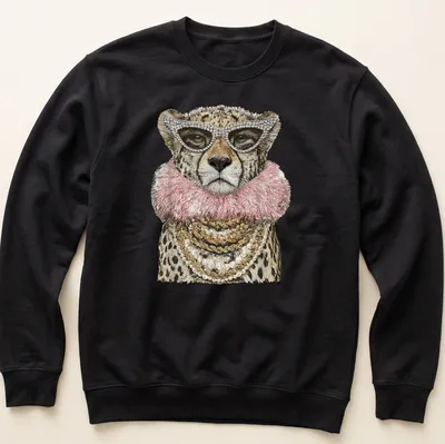 Realistic cheetah wearing sunglasses in gold, pink, and black tones — printed on a unisex sweatshirt