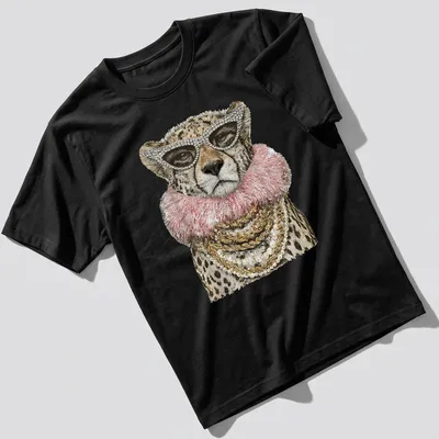 Realistic cheetah wearing sunglasses in gold, pink, and black tones