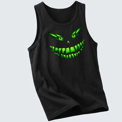 Cartoon design of a glowing green monster face with a mischievous grin — printed on a tank top