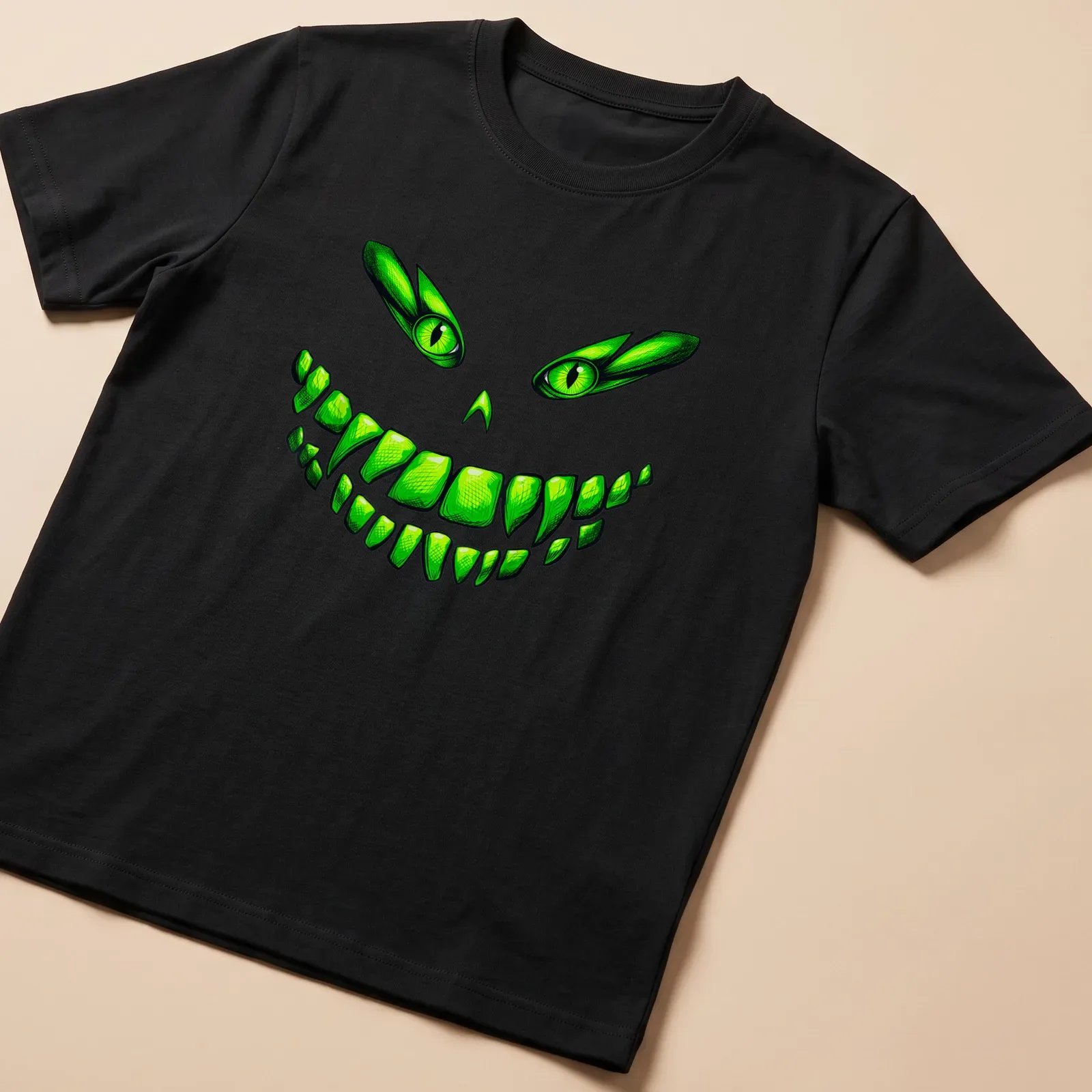 Cartoon design of a glowing green monster face with a mischievous grin — printed on a unisex t-shirt