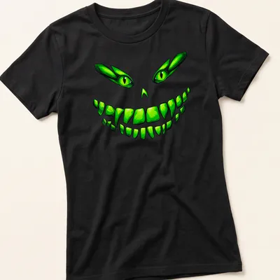 Cartoon design of a glowing green monster face with a mischievous grin — printed on a women's shirt