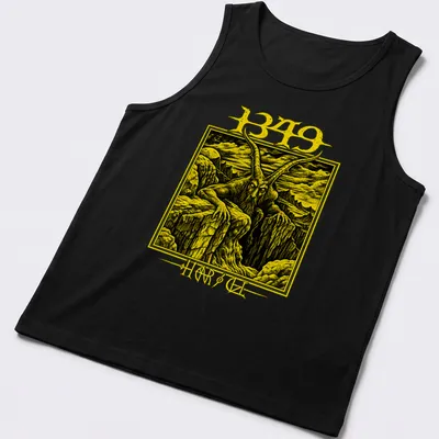 Detailed illustration of a fierce goat demon with '1349 HARSH' text in yellow and black — printed on a tank top
