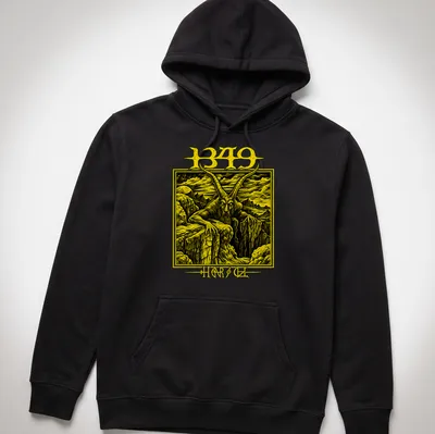 Detailed illustration of a fierce goat demon with '1349 HARSH' text in yellow and black — printed on a unisex hoodie