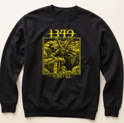Detailed illustration of a fierce goat demon with '1349 HARSH' text in yellow and black — printed on a unisex sweatshirt