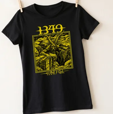 Detailed illustration of a fierce goat demon with '1349 HARSH' text in yellow and black — printed on a women's shirt