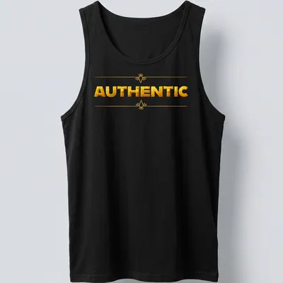 Glossy gold shirt featuring bold 'AUTHENTIC' typography on white background — printed on a tank top