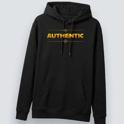 Glossy gold shirt featuring bold 'AUTHENTIC' typography on white background — printed on a unisex hoodie