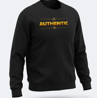 Glossy gold shirt featuring bold 'AUTHENTIC' typography on white background — printed on a unisex sweatshirt