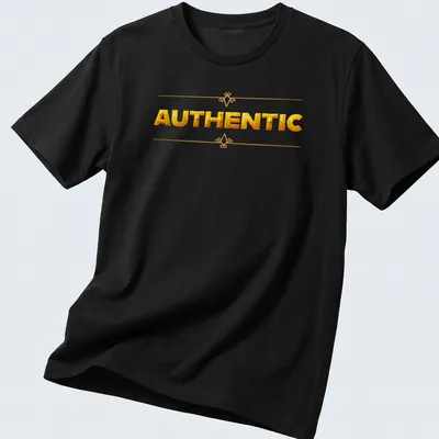 Glossy gold shirt featuring bold 'AUTHENTIC' typography on white background