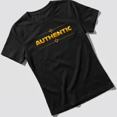 Glossy gold shirt featuring bold 'AUTHENTIC' typography on white background — printed on a women's shirt