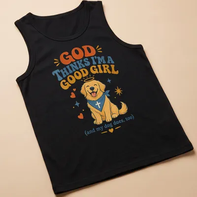 Kawaii illustration of a Golden Retriever with text about being a good girl — printed on a tank top
