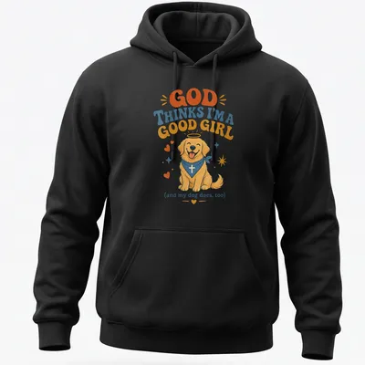 Kawaii illustration of a Golden Retriever with text about being a good girl — printed on a unisex hoodie