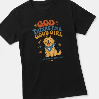 Kawaii illustration of a Golden Retriever with text about being a good girl — printed on a women's shirt