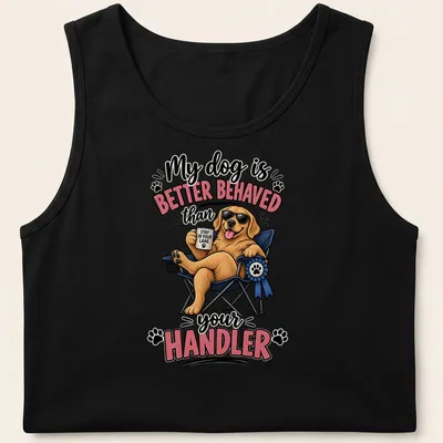 Cartoon of a Golden Retriever with humorous text about dog behavior — printed on a tank top