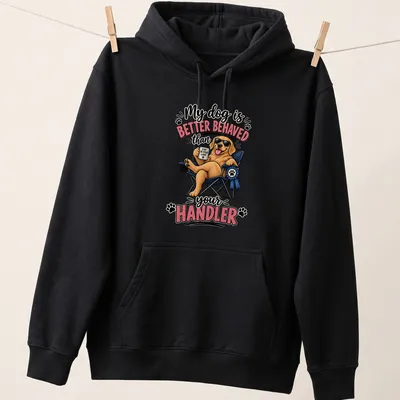 Cartoon of a Golden Retriever with humorous text about dog behavior — printed on a unisex hoodie