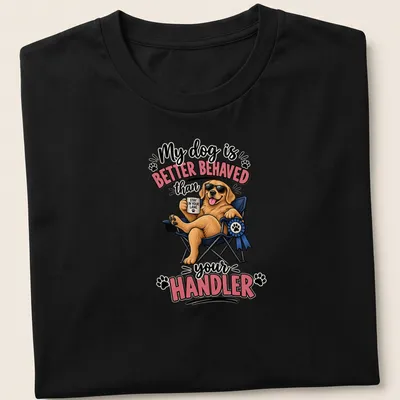 Cartoon of a Golden Retriever with humorous text about dog behavior