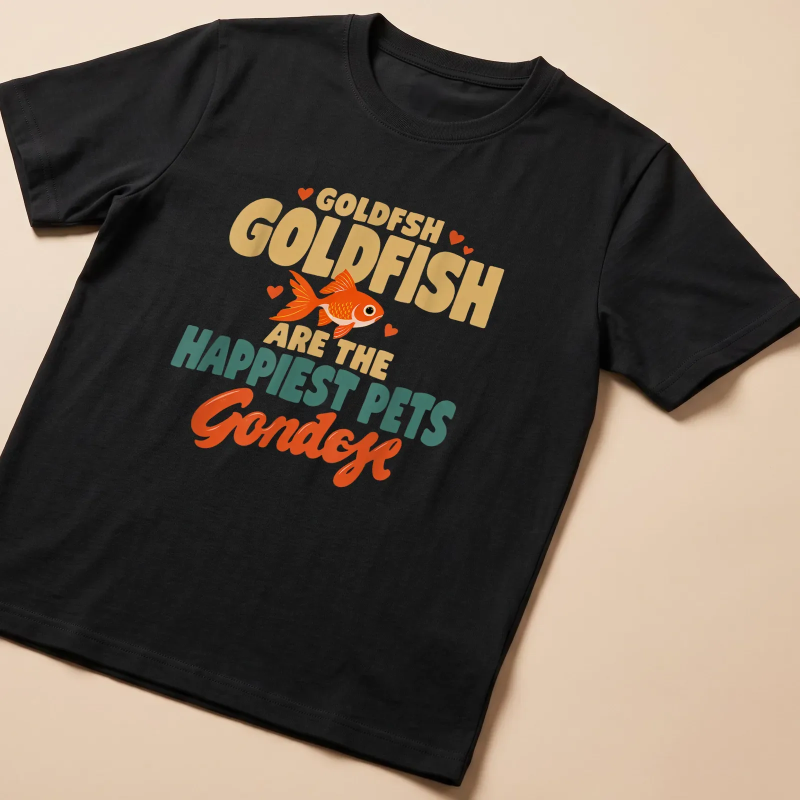 Colorful illustration of joyful goldfish with playful text about pets — printed on a unisex t-shirt