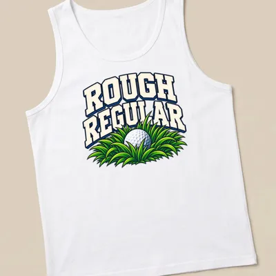 Bold retro Golf Humor t-shirt featuring a golf ball in grass with the phrase Rough Regular — printed on a tank top