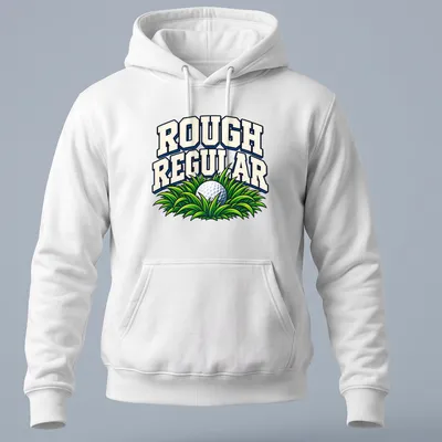 Bold retro Golf Humor t-shirt featuring a golf ball in grass with the phrase Rough Regular — printed on a unisex hoodie