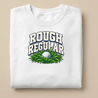 Bold retro Golf Humor t-shirt featuring a golf ball in grass with the phrase Rough Regular — printed on a unisex sweatshirt