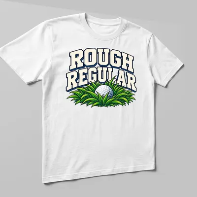 Bold retro Golf Humor t-shirt featuring a golf ball in grass with the phrase Rough Regular — printed on a unisex t-shirt (angled view)