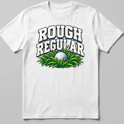 Bold retro Golf Humor t-shirt featuring a golf ball in grass with the phrase Rough Regular