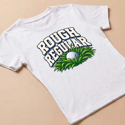 Bold retro Golf Humor t-shirt featuring a golf ball in grass with the phrase Rough Regular — printed on a women's shirt