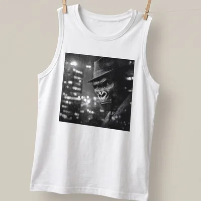 Noir illustration of a gorilla detective in a fedora with a city skyline background. — printed on a tank top