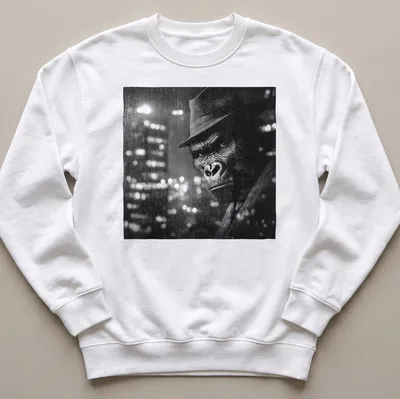 Noir illustration of a gorilla detective in a fedora with a city skyline background. — printed on a unisex sweatshirt