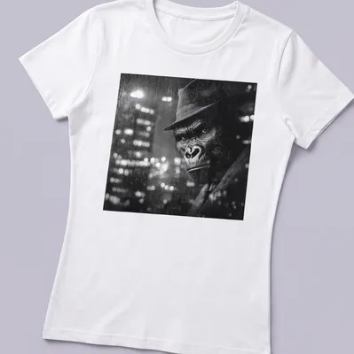 Noir illustration of a gorilla detective in a fedora with a city skyline background. — printed on a women's shirt