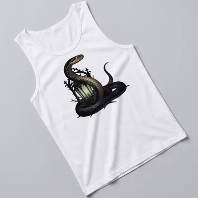 Gothic illustration of a timber rattlesnake entwined around a lantern in black, green, purple, and gold — printed on a tank top