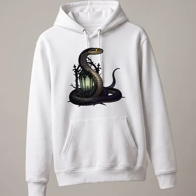 Gothic illustration of a timber rattlesnake entwined around a lantern in black, green, purple, and gold — printed on a unisex hoodie