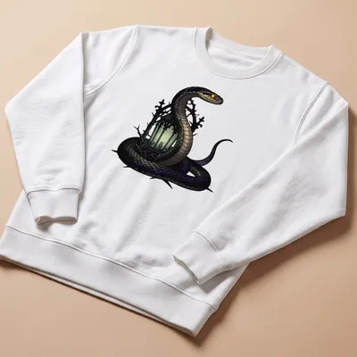 Gothic illustration of a timber rattlesnake entwined around a lantern in black, green, purple, and gold — printed on a unisex sweatshirt