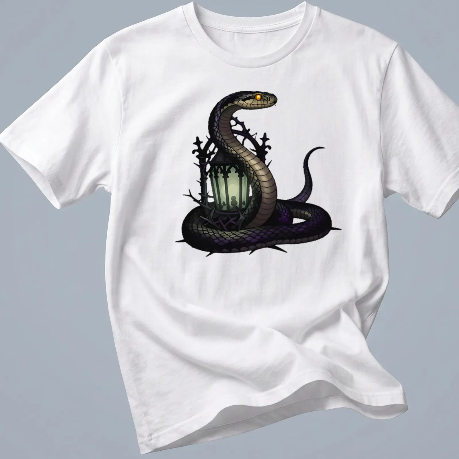 Gothic illustration of a timber rattlesnake entwined around a lantern in black, green, purple, and gold — printed on a unisex t-shirt