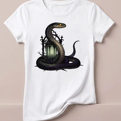 Gothic illustration of a timber rattlesnake entwined around a lantern in black, green, purple, and gold — printed on a women's shirt