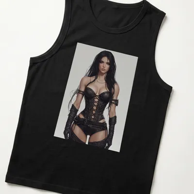 Realistic illustration of a Gothic warrior woman in corset with dark colors — printed on a tank top