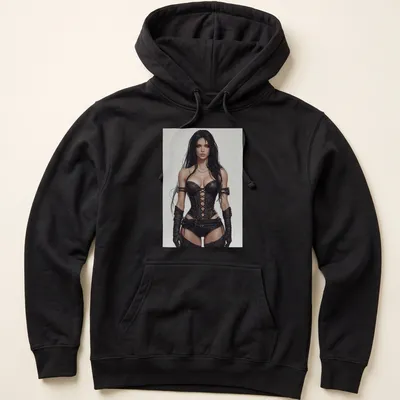 Realistic illustration of a Gothic warrior woman in corset with dark colors — printed on a unisex hoodie