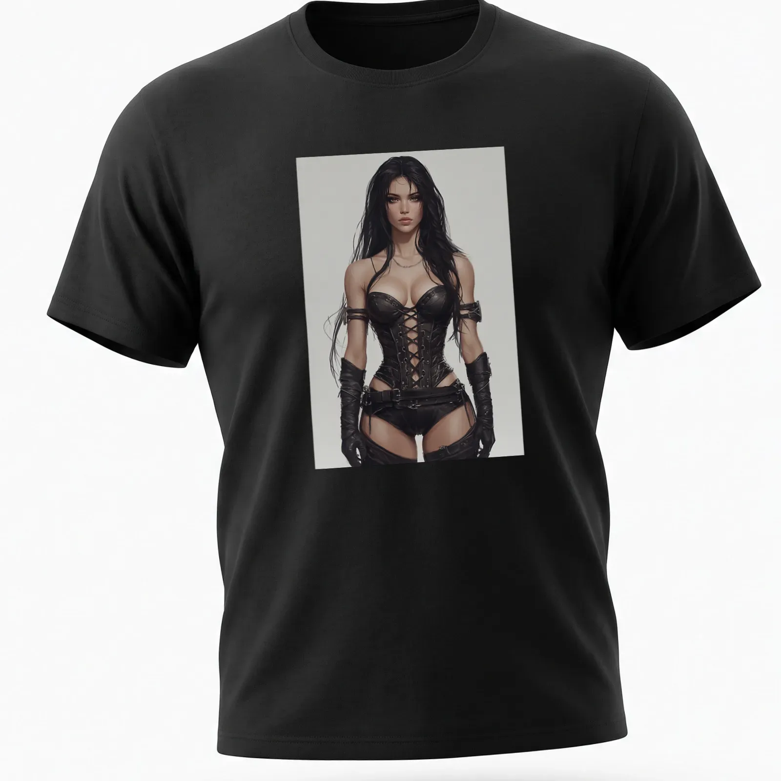 Realistic illustration of a Gothic warrior woman in corset with dark colors — printed on a unisex t-shirt