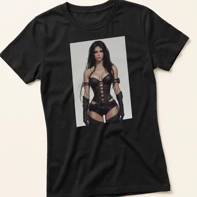 Realistic illustration of a Gothic warrior woman in corset with dark colors — printed on a women's shirt