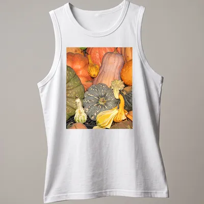 Photographic design of gourds and pumpkins in autumn colors — printed on a tank top
