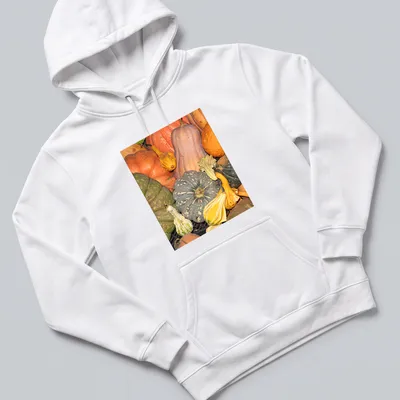Photographic design of gourds and pumpkins in autumn colors — printed on a unisex hoodie