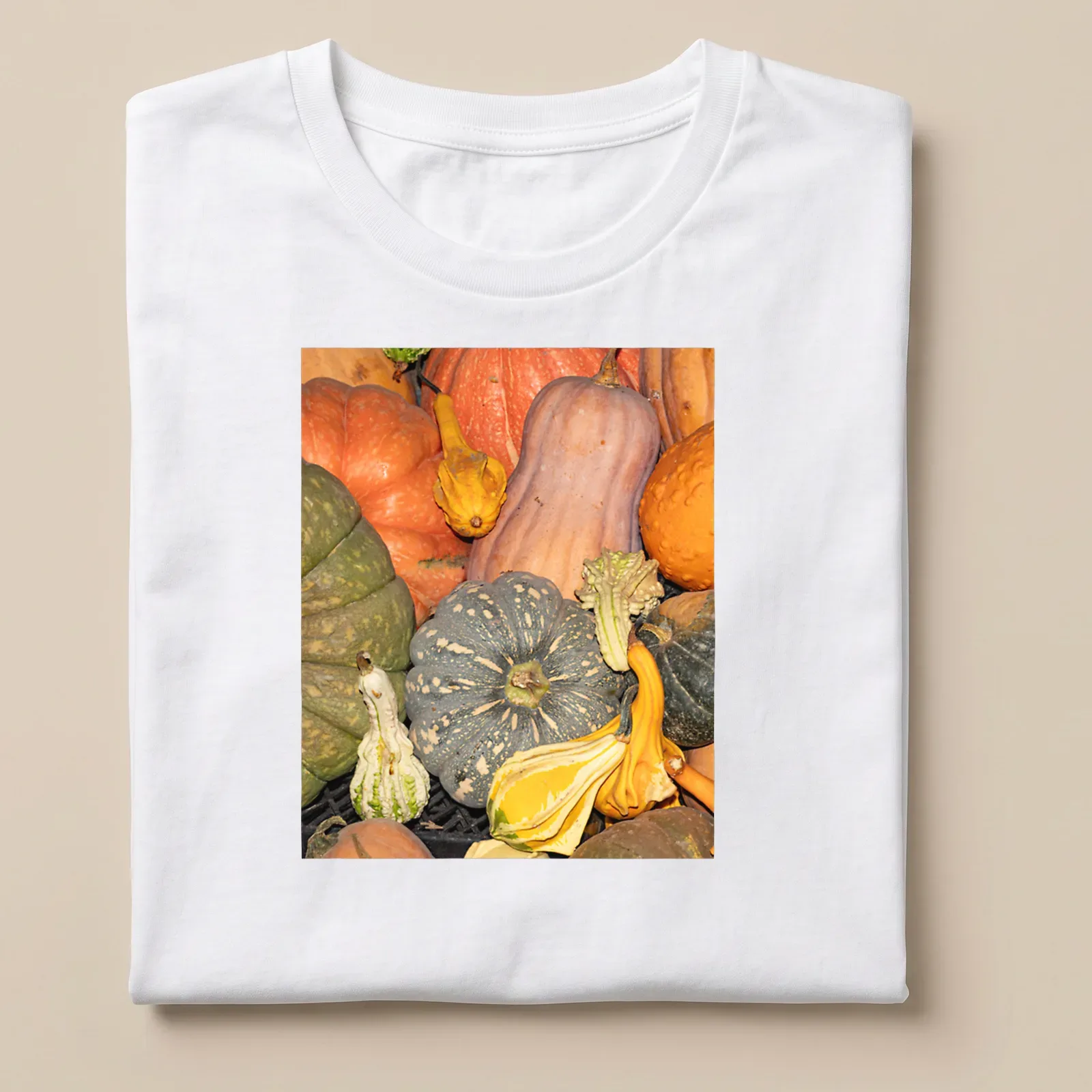 Photographic design of gourds and pumpkins in autumn colors — printed on a unisex t-shirt