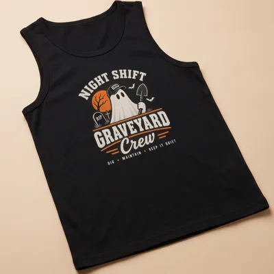 Vintage distressed Halloween shirt featuring a ghost with a shovel and humorous text — printed on a tank top