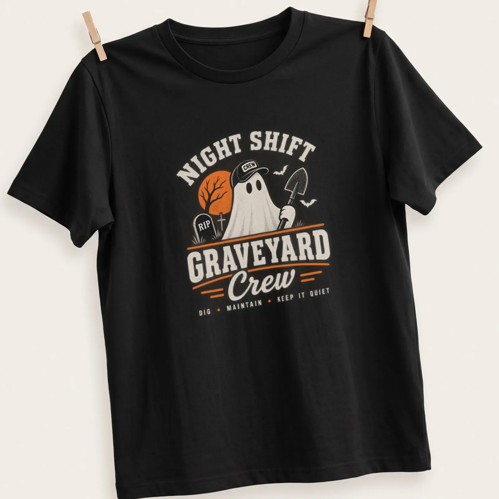 Vintage distressed Halloween shirt featuring a ghost with a shovel and humorous text — printed on a unisex t-shirt